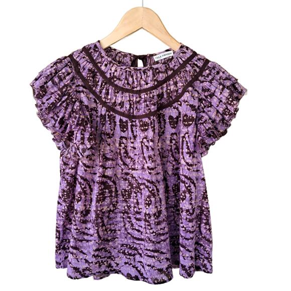 ULLA JOHNSON Amai Blouse Purple Batik Top Size 2 Small Flutter Sleeve Boxy - Picture 13 of 15